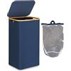 efluky Cesto portabiancheria XL con coperchio, cesto portabiancheria con manici in bambù e sacchetti interni, per organizzare i panni asciutti, pieghevole, per camere da letto (blu, XL, 100 L)