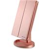 WEILY Specchio per il Trucco con Luce 1x / 2x / 3x Trifold Ingrandente con 36 LED Touch Screen Luci e Ricarica USB, Supporto Regolabile a 180 Gradi per Specchio Cosmetico per Il Trucco - Oro Rosa