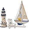 Flanacom Set Decorazioni Bagno Mare 3 Pezzi - Faro Barca Vela Sedia Legno Nautico