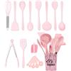 Suvexor 18 Pezzi Utensili da Cucina in Silicone,Set Utensili Cucina con Portaposate | Senza BPA Mestoli Cucina Silicone, al Calore e Antiaderenti, Lavabile In Lavastoviglie, Rosa