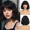 BWOOOWE Parrucca Corta Ondulata Sintetica con Frangetta Bob Corto Ondulato Donna Capelli Mossi Scalpo Naturale Parrucca Ondulata Corta Sintetica Faceframing al Uso Quotidiano (Nero Naturale)