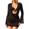HAWILAND Abito da spiaggia da donna, sexy, trasparente, elegante, a cascata, scollatura profonda, bikini, Nero , M
