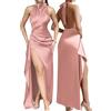 AOWVUTS Vestito Lungo Donna Abito Maxi con Scollo Halter Senza Schienale Seta Elegante Vestiti da Cerimonia Senza Maniche Spacco Sexy Abito da Sera Festa Cocktail Banchetto Party Club