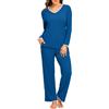 PrinStory Pigiama da donna a costine a maniche lunghe, con scollo a V e pantaloni a gamba larga