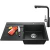 CECIPA Lavello Cucina 1 Vasca in Granito Nero - 78x45 cm con Rubinetto Estraibile, Vasca Singola con Sifone e Gruppo di Scarico