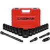 CASOMAN Set di chiavi a bussola piatte da 1/2, metriche, 10 mm-32 mm, CR-V, 6 punte, 20 pezzi, 1/2, con asta di prolunga e giunti universali