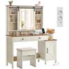 VASAGLE LIRY Collezione - Toeletta con Specchio e Luci, Postazione Trucco con Sgabello Stile Farmhouse, Prese di Corrente, 2 Cassetti, Portagioie, Bianco Vintage e Marrone Miele RDT136W01