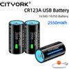 CITYORK Batteria USB 2550mWh 3.7V CR123A 16340 16350 con porta TYPE-C, batterie ricaricabili agli ioni di litio per prodotti elettronici di stesso tipo.