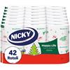 Nicky Happy Life Christmas, 42 Rotoli di Carta Igienica a 3 Veli | 170 Strappi per Rotolo, Apertura Facilitata, 4 Fantasie con Allegri Decori Natalizi, Morbida e Resistente, Carta FSC