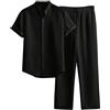 Generisch Tuta per il tempo libero da uomo, corta, estiva, 2 pezzi, a maniche corte, con colletto rovesciato, camicia e gamba dritta, pantaloni estivi, lunghi da spiaggia, casual, 2 pezzi, tuta da jogging