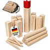 WELLGRO Kubb Gioco 22 pezzi - per 2 - 12 giocatori, legno massiccio, re rosso, gioco vichingo, istruzioni per il gioco e sacchetto a rete, gioco di lancio