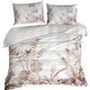 Eurofirany Set di lenzuola in raso 220x200 + 70x80, bianco e marrone, con motivo a foglie