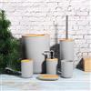 Wakects Set di 6 Accessori da Bagno, Dispenser di Sapone, Portasapone, Portaspazzolino, Tazza di Risciacquo, Porta Scopino per WC, Pattumiera, Set da Bagno Completo da 6 Pezzi, in PP e bambù (Grigio)
