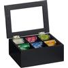 Relaxdays Scatola Porta Tè e Tisane, 6 Scomparti per Capsule Caffè, Cofanetto con Coperchio, 9x21,5x16 cm, Bambù, Nero