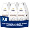 Dove Bagnodoccia Nutrimento Delicato, Idratante Dermo-Naturale, Olio di Cocco, 1/4 Crema Idratante, Dermatologicamente Testato, Bagnoschiuma Uomo e Donna, 100% Bottiglia Riciclata* 6 Pezzi x 450 ml