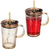 Relaxdays Set da 2 Tazze per Bevande, Bicchieri Vetro per Frullati, Coperchio Cannuccia e Manico, 450 ml, Marrone Chiaro