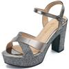 hingswink Sandali da donna con plateau scintillanti, tacco a blocco, tacco alto 9,6 cm, punta aperta con cinturino, comodi, sexy, eleganti, per balli, matrimoni, feste, serate, peltro, 39.5 EU