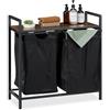 Relaxdays Scaffale Portabiancheria, HLP 72x73x33 cm, 2 Cesti Porta Biancheria Sporca, Sacchi Estraibili, Nero Marrone