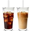 Yooyan Set di 2 bicchieri in vetro a doppia parete da 600 ml, con coperchio e cannuccia, grandi bicchieri termici in vetro, a costine, per latte, caffè freddo, frullati e bevande fredde