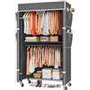 Himimi Appendiabiti con Ruote e Copertura, 90x45x205 cm, Stand Appendiabiti Doppio con 3 Ripiani Regolabili in Altezza, Appendi Abiti da Terra, Carrello Porta Abiti Robusto per Cabina Armadio, Grigio