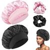 Admygo Cuffia per Capelli in Raso e Seta - Bonnet per Dormire con Elastici per Capelli Ricci, Rosa + Nero