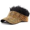 TINAYAUE Visiera con strass e parrucca, per donne e uomini, berretto da sole con strass brillanti con capelli sintetici sfocati, accessorio di lusso per feste, carnevale, Halloween, oro, Taglia unica