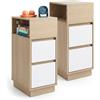 Relaxdays Comodino, set 2 pz, 2 cassetti, 1 vano aperto, naturale/bianco | A x L x P 64x24x30 cm, per camera