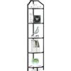 Fun Memories Scaffale angolare - Libreria a 5 ripiani, organizer per piante e bagno, con vetro temperato e telaio in acciaio, per soggiorno, cucina e bagno moderni, finitura nera metallizzata