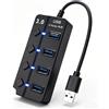HAUXGOGO USB-Hub a 4 Porte con Interruttore di Alimentazione Indipendente Alimentatore da 5V/ 2A DC, indica LED, Adattatore USB 3.0, Supporta OTG e Trasferimento Dati