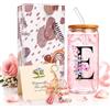 panemy Regalo Donna Personalizzato, Bicchiere con Lettera e Cannuccia, E | Set regalo con bicchiere in vetro, coperchio, cannuccia, portachiavi con iniziale, biglietto e confezione regalo.