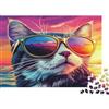 6N2X9A4S Gatto con Occhiali da Sole Puzzle 1000 Pezzi Carta per Adulti Stile Tramonto Colorato Famiglia Relax Decorazione Regalo 38x26cm/1000pcs