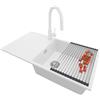 PRIMAGRAN Lavandino da Cucina al Mobile 60cm + Rubinetto, 90x50cm | Set: Rubinetto BW9010 + Kit di scarico + Scolapasta avvolgibile + Lavello in Granito a 1 Vasca - Ibiza , Bianco