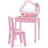 COSTWAY Toeletta Trucco con Sgabello Bambina 3+ Anni, Specchiera con Luci (Rosa)