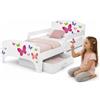 BAYAGU Letto Bambini 140x70 cm con Materasso e Cassetto, Farfalle | Materasso in schiuma, rete con tubi in metallo, cassetto tessile, sponde laterali, pannello truciolare