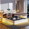 BSCFHCZ Letto Contenitore 140x200 Piazza e Mezza Imbottito, Letto alla Francese in Velluto Beige con Testiera Portaoggetti, Luci LED e Prese USB, Rete a Doghe Idraulica Salvaspazio (Senza Materasso)