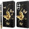 CLM-Tech Custodia a portafoglio compatibile con Samsung Galaxy A27 5G, in pelle PU, con supporto e scomparti per carte di credito, motivo farfalle dorate, nero