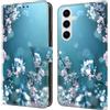 CLM-Tech Custodia a portafoglio compatibile con Samsung Galaxy A27 5G, in pelle PU, con supporto e scomparti per carte di credito, motivo fiori di prugna, blu