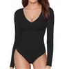 ALGALAROUND - Body a maniche lunghe da donna, con scollo a V, a maniche lunghe, maglietta a maniche lunghe, top per donna, eleganti, sexy, pullover, body, intimo da donna, Nero , XS