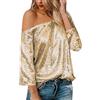 Vuncio Top Elegante Donna Paillettes Carnevale Cerimonia Camicetta Donna con Brillantini Maniche Lunghe Spalle Scoperte Sera Festa Cocktail Taglia Forte Bluse Tunica (Gold, L)