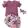 HEOXIN Top + Pantaloncini Floreali + Fascia con Fiocco per Neonato, Camicia Stampata con Manica Volante e Scollo Rotondo, Pantaloni con Stampa Floreale e Vita Elasticizzata per 0-5 Anni, Viola