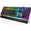 TECKNET Tastiera da gioco RGB TECKNET con chassis in metallo, tastiera a membrana [layout tedesco], 105 tasti, poggiapolsi ergonomico, 25 tasti anti-ghosting, 15 modalità RGB per PC, laptop e uso da ufficio