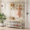 GarveeHome Appendiabiti Da Ingresso Con Panca Portascarpe a 2 Livelli, 8 Ganci, Barra Appendiabiti e Ripiani Portaoggetti, Struttura in Metallo Effetto Legno Per Ingresso/Corridoio/Camera 101,6 x 40,9 x 183,2 cm