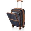 KONO Valigia Bagaglio a Mano, Trolley con Apertura Frontale e Porta PC 15,6 (Blu Navy/Marrone)