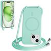 FMPCUON FNPCUON Cover Magnetica Silicone per iPhone 15 Plus con Cordino,Compatibile con MagSafe,Custodia con Laccio Collana Tracolla Collo Sottile TPU Antiurto Protettiva Case con Corda.Menta verde