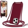 Jrkvniv Cover per iPhone 14 Pro Max con Cordino, Morbido TPU Silicone Case con Laccio Tracolla, Regolabile e Rimovibile, Antiurto AntiGraffio Case per iPhone 14 Pro Max, Bordeaux