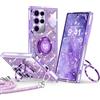 XYZ Custodia per Samsung Galaxy S24 Ultra, Custodia Brillante con Strass con Supporto a Cuore a Doppio Anello e Laccetto, Custodia Antishock Lussuosa per Donne per Samsung Galaxy S24 Ultra, Viola