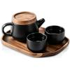 VETOLAKA Set da tè giapponese, 3 pezzi, 0,6 l, in ceramica nera, con vassoio in legno, 2 tazze e colino in acciaio inox, servizio da tè in ceramica con vassoio, per la casa