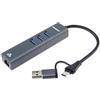 PREMIUMCORD Adattatore da USB 2in1 a Gigabit RJ45 + 3x USB A, Ethernet RJ45 10/100/1000Mbps, SuperSpeed 3.2 Gen1 5 Gbit/s, Per PC, Laptop, Tastiere, Mouse, SSD, Alloggiamento In Metallo, 15 cm