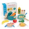 YUEONEWIN 22 pezzi di accessori da cucina in legno, set di giocattoli da cucina per bambini, gioco di ruolo in cucina, set di pentole e padelle da cucina per ragazze, ragazzi, 3, 4, 5, 6 anni