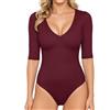 ALGALAROUND Body da donna con scollo a V, mezza manica a 3/4, a maniche lunghe, top basic da donna, in cotone, a maniche lunghe, per donna 2025 inverno, bordeaux, S